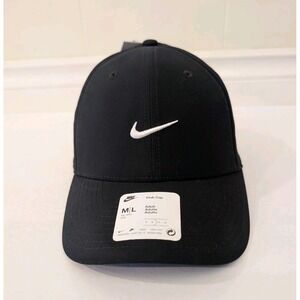 NWT Size M/L Nike Dri-Fit Club Black Dad Cap Golf Tennis White Swoosh Men's New!